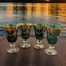 4 VTG Regal Arte Italica Medici Green Glass Water Goblets 24k Gold Mouth Blown picture