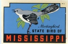 VINTAGE MISSISSIPPI STATE MOCKINGBIRD SOUVENIR TRAVEL WATER BIRD LUGGAGE DECAL picture