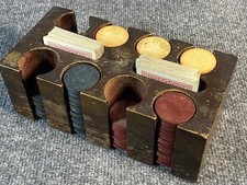 Vintage 1930s–40s Wooden Poker Chip Rack w/ 161 Bakelite-Era Chips & Cards picture
