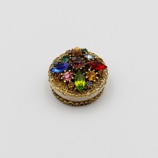 Vintage 70s Jeweled Solid Perfume Compact Rnd Rhinestone Pill Trinket Box Empty picture