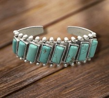 Turquoise Cuff Bracelet Silver Tone Handmade Native American Style picture