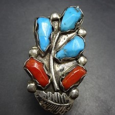 Vintage ANGIE CHEAMA Zuni TURQUOISE CORAL Sterling Silver RING size 5.25 picture