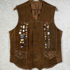 Vintage Brown Suede Biker Vest Sz 44 American Motorcycle Assoc 30+ Pins 1970-80s picture