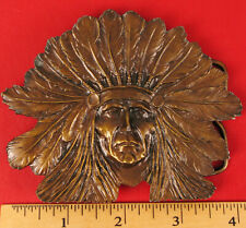 VINTAGE BELT BUCKLE NATIVE AMERICAN INDIAN CHIEF FULL HEADRESS RED MAN BERGAMOT picture