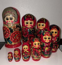 Vintage Russian Nesting Dolls Matryoshka Floral Dress Large Set of 9 dolls picture