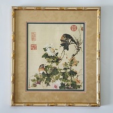 Vintage Giuseppe Castiglione Silk Print Framed Shanghai Museum Bird Chinoiserie picture