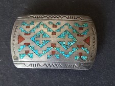 Vintage Sterling Silver Belt Buckle Turquoise Coral Inlay Native Zuni Jewelry picture
