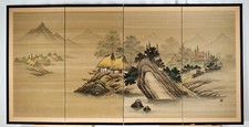 Japanese 4-Panel Byobu Riverside Thatched Homes Hand Signed & Painted Divider picture