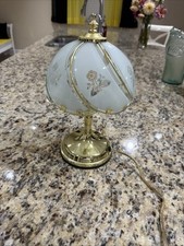 Vintage Gold Tone Accent Lamp 6 Swoop Floral Glass Panels 12” Tall picture