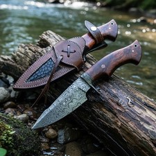 Handmade Damascus Steel Bowie Hunting Knife – Rosewood Handle w/ Leather Sheath picture