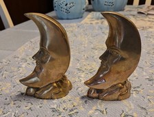 Vintage Brass Man In The Moon Bookends Celestial Lunar Faces Taiwan Read Descrip picture