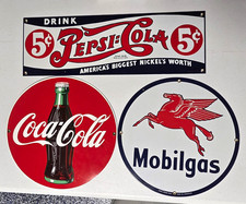 Lot of 3 Vintage Ande Rooney Porcelain Enamel Signs Mobilgas Coca Cola Pepsi picture