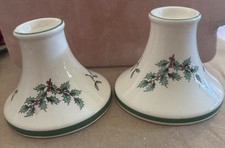 VTG Christmas Tree low 3” Candle Stick Holders Green Trim Pair Set 2 England picture