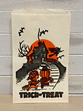 Vintage 1970s Halloween Trick Or Treat Bag Black Cat Haunted HouseMid CenturyNOS picture