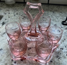 1930s Pink Elegant Depression Glass Shot Glass & Caddy Set picture