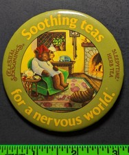 Vintage Celestial Tea Bear Sleeping Nervous World Pinback Pin picture