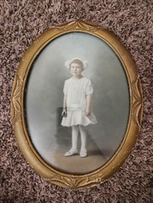 Antique Hand Tinted Photograph of Child In Dress Vintage Wood Gold Frame Oval picture