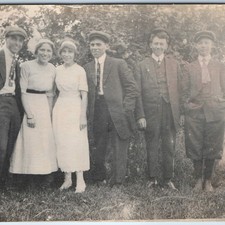 c1910s Young Men Women Group Outdoors RPPC Fashion Flat Cap Dress Photo Postcard picture