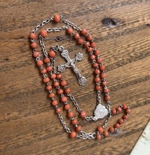 Antique French Rosary Real Coral Beads Orange Solid Sterling Silver 13” Prayer picture