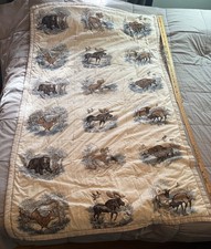 Used Vintage Cabin Blanket Wildlife Lap Quilt Bison Moose Elk Bear Deer 70X42” picture