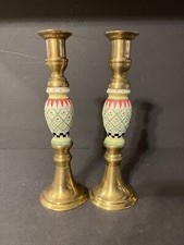 Vintage Pair Brass And Porcelain Candlesticks Candle Holders picture