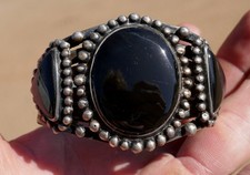 Big Old Navajo Dine Silver & Onyx Stamped Snake Arrow & Water Drop Cuff Bracelet picture
