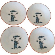 Set of 4 Vintage Chinese Porcelain Blue White Saucers Boy Butterfly Coral Rim picture