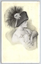 Artist Sketch~Victorian Fashion Lady In Large Spiky Hat~c1910 Vintage Postcard picture