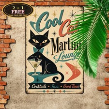 Retro Black Cat Martini Glass Lounge Bar Sarcastic Joke Metal Sign 8x12 picture
