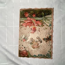 Vintage Victorian Embossed Die-Cut Lace Greeting Card Roses Cherub Poem picture