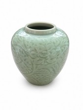 Vintage Chinese Celadon Soft Green Embossed Floral Leaf Vase 6.5” picture