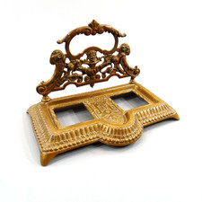 Antique Rams Head Double Inkwell Victorian Ornate Satyr Metal Pen Stand Holder picture