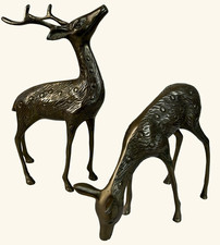 Vintage Pair of Large Brass Spotted Deer Figurines 10” x 6” & 8” x 6.75” picture