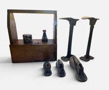 Antique Bissell Cast Iron Cobbler Set (2 Stands, 5 Lasts) & Primitive Wood Shine picture