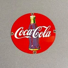 VINTAGE 12” COKE COLA SODA PORCELAIN SIGN CAR GAS OIL TRUCK MOTORCYCLE picture
