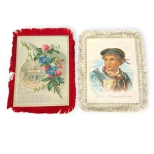 2 Antique Victorian Christmas Cards Silk Fringe Raphael Tuck Double Sided picture