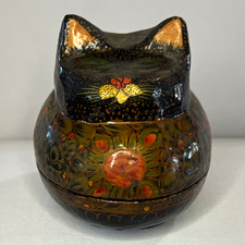 Vintage Hand-Painted Kashmiri Paper Mache Cat Trinket Box picture