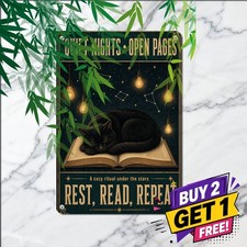Black Cat Reading Open Book Quote Poster Vintage Feline Decor Metal Tin Plaque picture