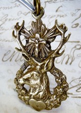 ANTIQUE 19TH CENTURY HUNTER SAFETY PENDANT SAINT HUBERT STAG DEER & CROSS MEDAL picture