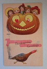 Antique 1910 Thanksgiving/ Halloween Postcard Pumpkin Turkey Jack O Lantern picture