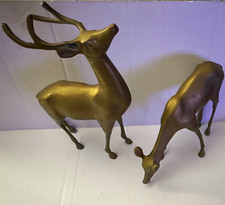 Vintage Pair Brass Deer Figurines Large Buck w/ Antlers & Grazing Doe w/ patina picture
