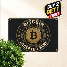 Bitcoin Accepted Here Round Logo Sign Durable Crypto Metal Tin Wall Decor picture