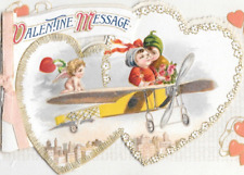 1914 RARE WINSCH PLANE CHILDREN KISS CHERUB MECHANICAL VALENTINE'S Postcard PS picture