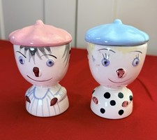Vtg Anthropomorphic Boy Girl Ceramic Egg Cups Lids Beret Hats Japan MCM 1950s picture