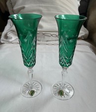 Pair - Waterford Crystal Flutes Emerald Green Cut to Clear Christmas Tree Unused picture