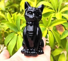 CUTE Natural Obsidian Carved Magic Cat Skull Quartz Crystal Figurines Healing picture
