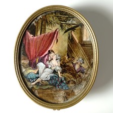 Antique French Miniature Portrait Bronze Jewelry Box, Painting of Lovers picture