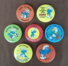 Smurfs Buttons 7 Vintage Originals DEADSTOCK Equal Rights Smurfette Soccer picture
