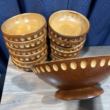 Vtg Munising Wooden Bowl Set 1 Large + 12 Small Thumbprint Farmhouse Salad MCM picture