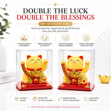 Set of 2 Gold Lucky Cats Maneki Neko Wealth Fortune Good Luck Home Office Decor picture